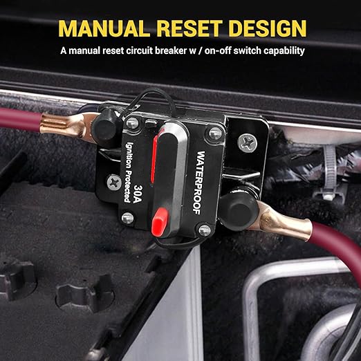 30Amp Circuit Breaker DC 12V-48V for Marine Boat Trolling Motor Automotive RV Trailer Car Solar System Battery Disconnect with Manual Reset Switch, IP67 Waterproof (Pack of 2)
