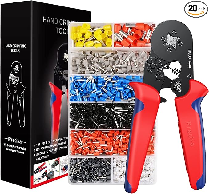 Ferrule Crimping Tool Kit, Preciva AWG23-7 Self-adjustable Ratchet Wire Crimping Tool Kit Crimper Plier Set with 1200PCS Wire Terminals Crimping Connectors Wire End Ferrules