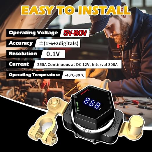 Top Post Battery Disconnect Switch with Voltmeter, DC 5-80V Master Isolator On Off Kill Switch Power Cut/Shut Off Switch for Marine Boat RV Car Truck Camper Trailer