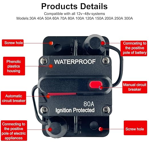 80 Amp Circuit Breaker Resettable Fusewith Manual Reset Switch Button Waterproof 12V-48V DC for Boat Trolling Motor Marine ATV Trailer Vehicles Stereo Audio Electronic Battery Solar System