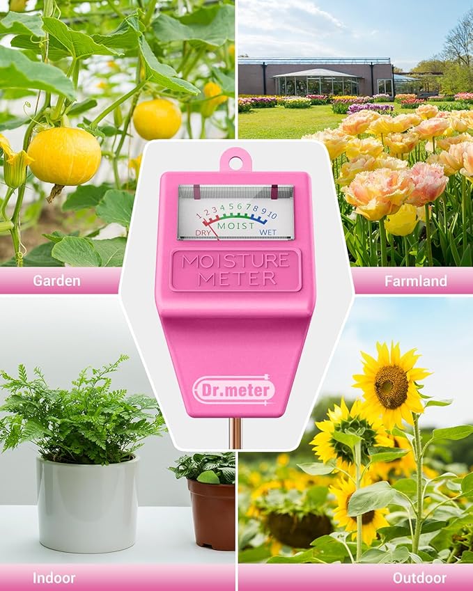 Soil Moisture Meter Tester for Plants, Hygrometer Moisture Sensor for Houseplants Indoor Outdoor Garden Lawn Use - Plant Water Meter Gauge Test Kit, No Battery Needed - Gardening Gifts, Pink