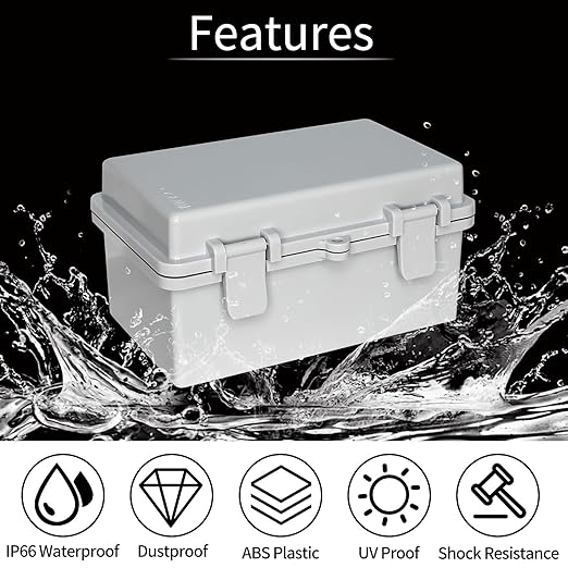 Electrical Junction Box - Outdoor Waterproof Electrical Box ABS Plastic Outdoor Project Enclosure ith Plastic Snap for Ships, garages, and Surveillance installations Gray Cover 8.2"x5.1"x4.3"