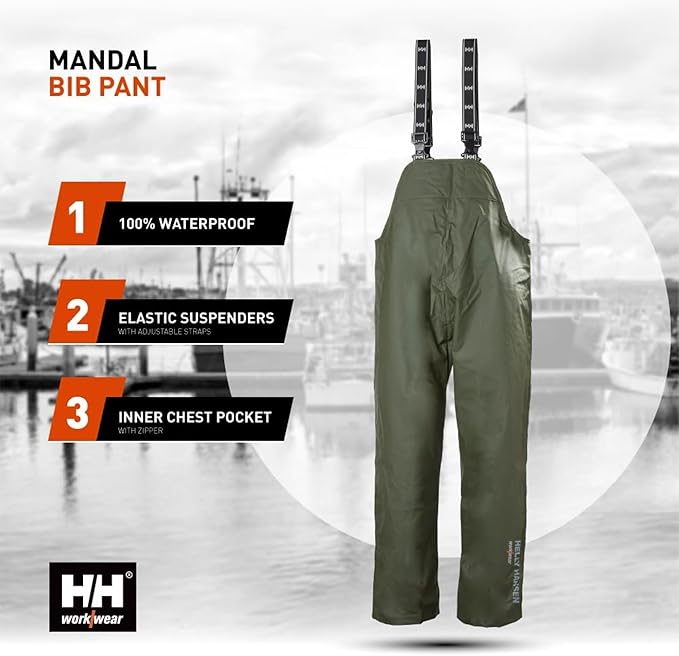 Helly Hansen Mandal Waterproof Bib Overalls - Waterproof Fishing Pants for Men - Heavy Duty Rain Gear - Zip Work Overalls