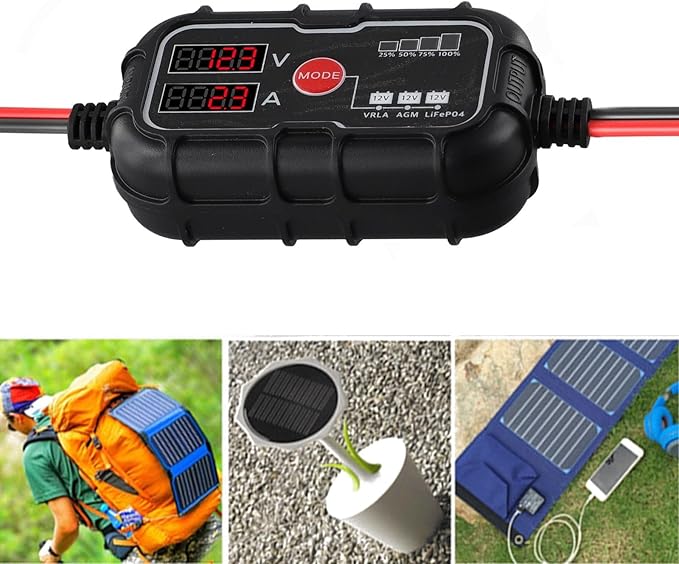 10A 12V MPPT Solar Charge Controller with LCD Display for Lithium Gel Deep Cycle Batteries Waterproof Solar Panel Regulator with SAE Connector Extension Cables
