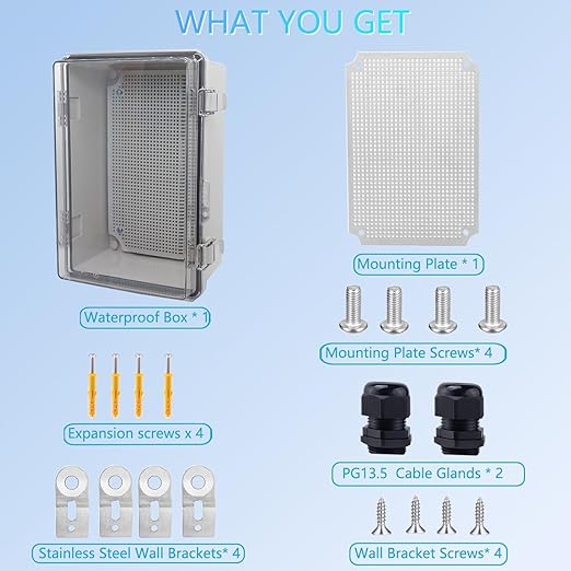 IP67 Waterproof Junction Box, ABS Plastic Electrical Enclosure with Stainless Steel Latch, Hinged Cover Electric Box with Mounting Plate, Wall Brackets & Cable Glands 280x190x130mm
