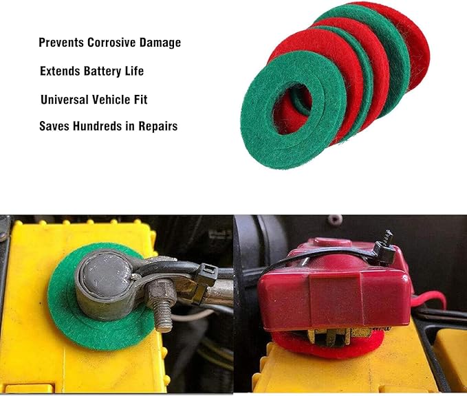 16 PCS Battery Terminal Anti-Corrosion Washers - Red & Green Fiber Gasket Protectors with Adjustable Inner Ring for Car, Truck, Marine & RV Batteries