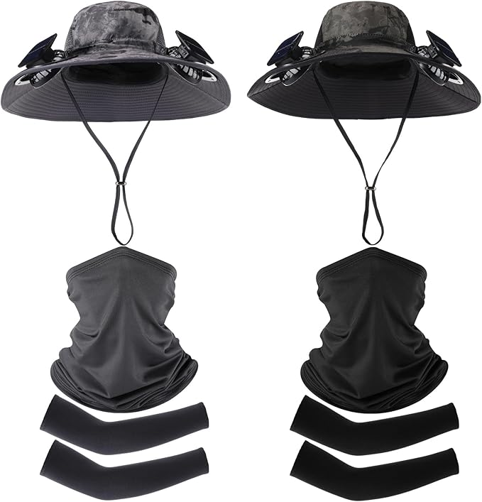 Syhood Solar Powered Fan Hat with Arm Sleeves Neck Gaiter for Men Women Outdoor Wide Brim Bucket Hat with Fan for Hiking