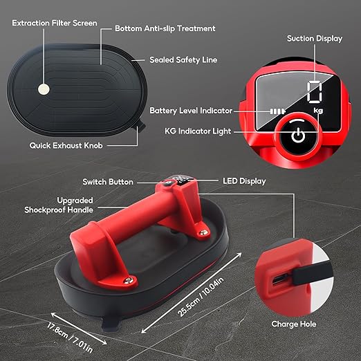 Electric Suction Cup Glass Lifter,Tile Tools,Heavy Duty Vacuum Suction Cup with Digital Display,573lbs Max & Auto Start Pump,8H Battery for Glass, Tile, Marble, Granite, Metal,2 Packs