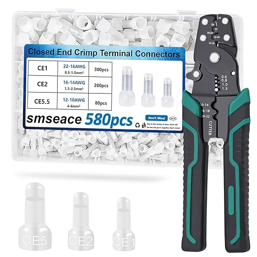 smseace 580 Pcs Closed End Crimp Connector with Crimping Tool - Closed End Crimp Caps Terminal for 22-16 AWG, 16-14 AWG, 12-10 AWG - Ideal for Automotive, Audio, and Electrical Applications