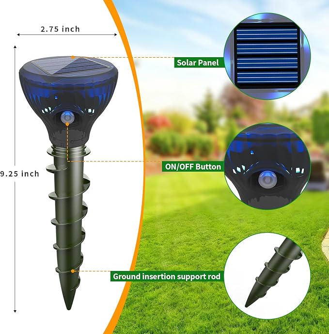 Mole Repellent Ultrasonic Solar Powered Sonic Mole Spikes Outdoor Vole Chipmunk Groundhog Repeller Waterproof Rodent Gopher Snake Deterrent Flash&Vibration is Suitable for Lawn, Courtyard