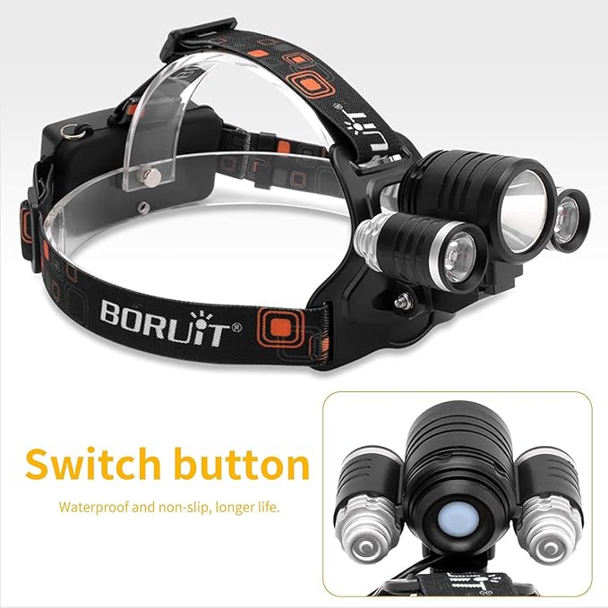 BORUIT LED Rechargeable Headlamp with Red and White Light,Super Bright Battery Powered 3 Modes Waterproof Head Lamps with Bike Clip for Hunting Fishing Camping Hiking