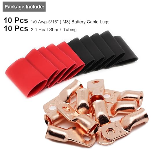 TKDMR 10pcs 1/0 AWG-5/16 Battery Lugs,Heavy Duty Wire Lugs,Ring Terminals,Battery Cable Ends,0 Guage terminals,Battery Terminal Connectors with 10pcs 3:1 Heat Shrink Tubing