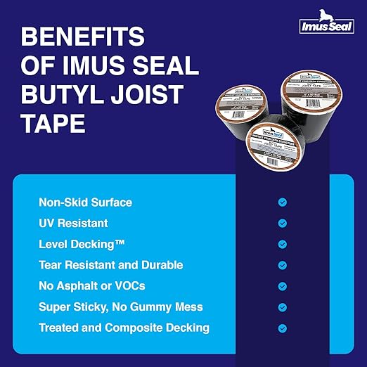 Imus Seal® Butyl Joist Tape for Flashing Deck Joists and Beams, UV Resistant, Level Decking™, Protect Your Deck Structure™, Made in USA (1-5/8” x 50’ 2 Rolls Non-Skid)