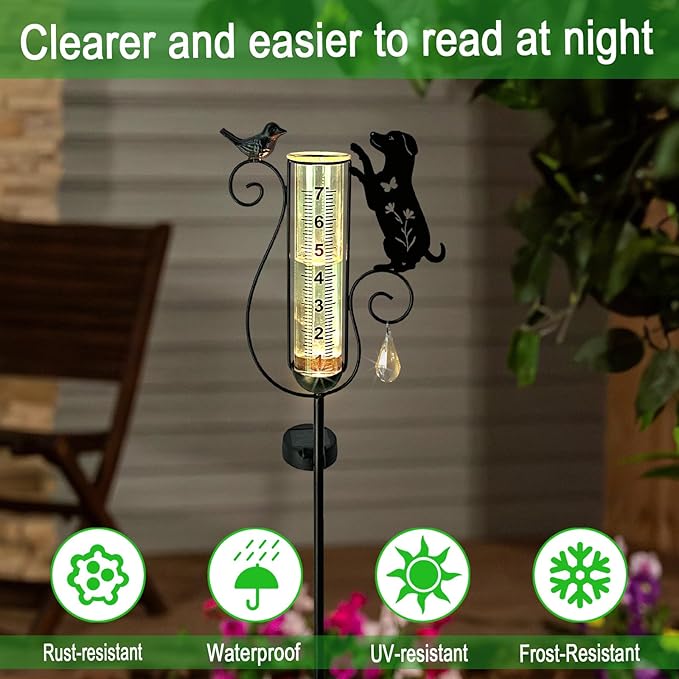 Rain Gauge Outdoor with Large Number Scale,Solar Powered Decorative Dog and Bird Garden Stake for Outside,Yard, Lawn, Pathway