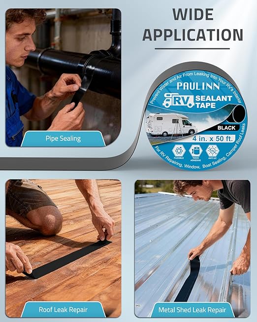 PAULINN RV Camper Roofing Repair Sealant Tape Black, 4 Inch X 50 Foot Natural Rubber Roof Sealing Tape, UV & Weatherproof Roof Seal Tape for RV Camper Trailer Boat Sealing Leak Repair
