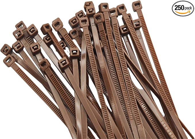 8 inch Zip Ties-0.14" Width, 250 PCS Wire Ties with 40lbs Strength, Self-Locking Nylon Cable Ties, UV Resistant, High/Low Temperature Resistant, for Home, Office, Fencing, and Gardening-Brown
