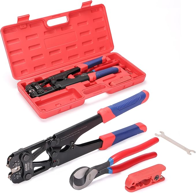 iCrimp Battery Cable Lug Crimping Tool for 8, 6, 4, 2, 1, 1/0 AWG Copper Cable Lugs, with Wire Cutter and Stripper, Battery Terminal Crimper