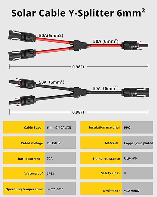 1 Pair Solar Connectors for 2 Solar Panels,Tool-Free Solar Panels Connectors 10awg, Waterproof Solar Panel Splitter, 1 to 2 Y T Branch Parallel Adapter for Solar Cable Extension