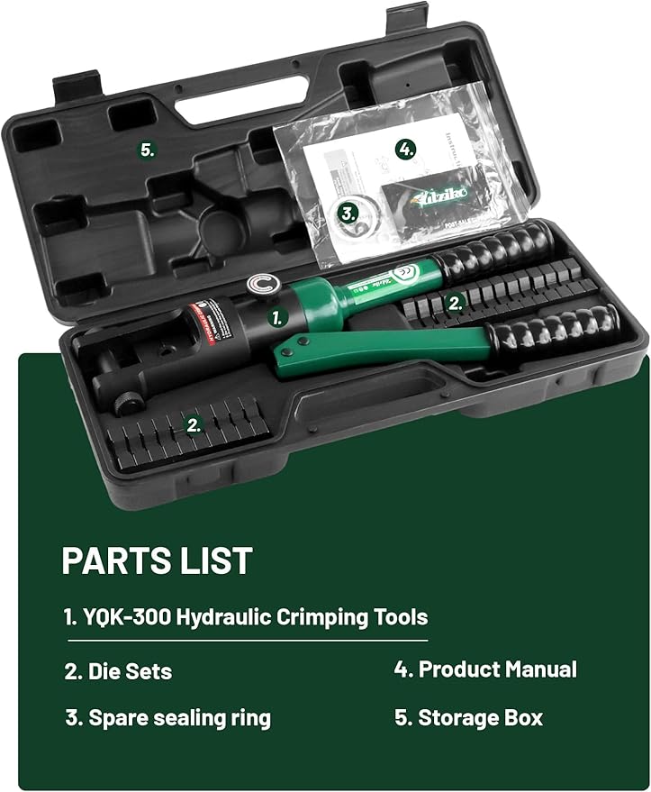 16 Ton Hydraulic Wire Crimper Battery Cable Lug Terminal Crimping Tool WIth Standard US cable Dies,Crimps 6 AWG to 600 MCM, Cable Crimping Tool with 13 Pairs of Standard US cable Dies