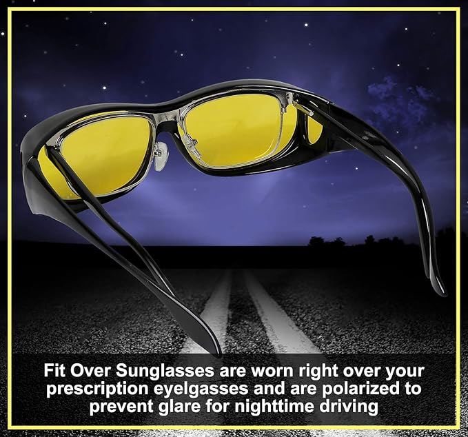 Night Driving Glasses Anti Glare Polarized Night Vision Yellow Tint Night Driving Glare Reducing Fit Over Driving Sunglasses Men and Women