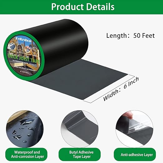 6" x 50' Butyl Deck Joist Tape for Wood Beams and Building Joists, Weather Resistant and Anti-Corrosion Self-Adhesive Flashing Tape for Deck Protection