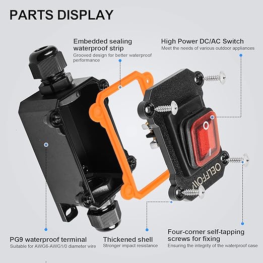 Waterproof On Off Toggle Switch Double Outlet with Red Light Rocker Button Inline Cord Switch DPST AC/DC 20A-125V,16A-250V,30A-24V,35A-12V, IP66