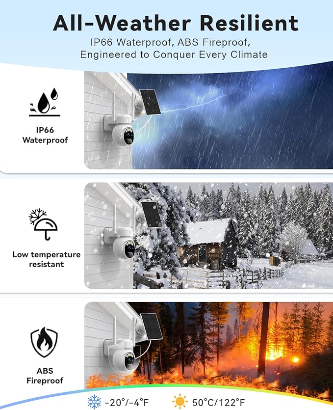 4gLte Cellular Security Camera, No WiFi Security Camera ，360°View PTZ, ABS Fireproof IP65 Waterproof, 2K HD Color Night Vision, Human Tracking, 2-Way Audio