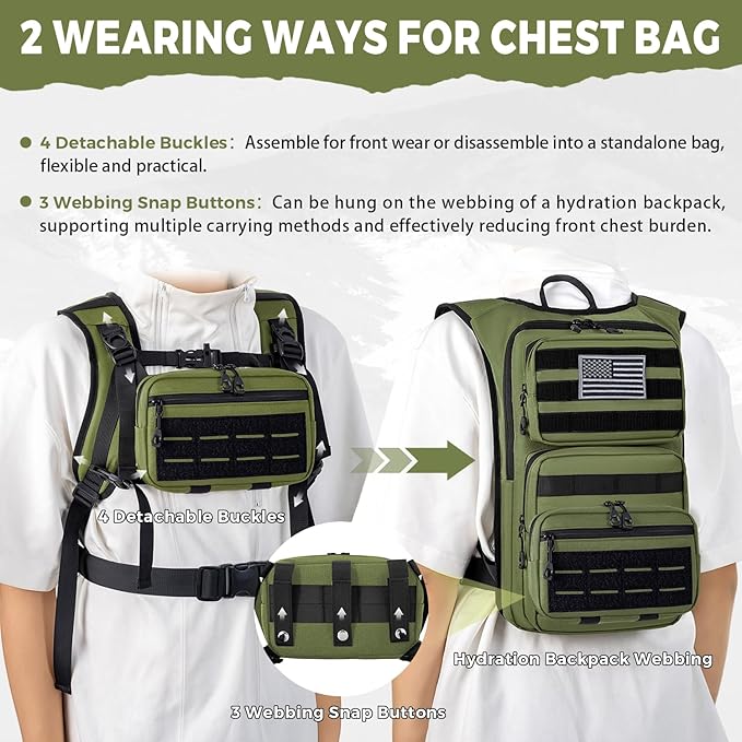 Tactical Hydration Backpack with 2L Water Bladder and Front Small Tactical Pouch, Outdoor Water Backpack for Men Women, Sports Hydration Pack for Hiking, Cycling, Climbing