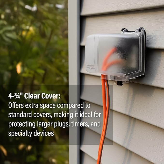 Intermatic WP1050 4-3/4" Deep Weatherproof Outlet Cover – Clear, GFCI & Round, Vertical Mount, UL Certified - Accommodates Single Device Configuration On Larger Double Gang 4"x4" Boxes