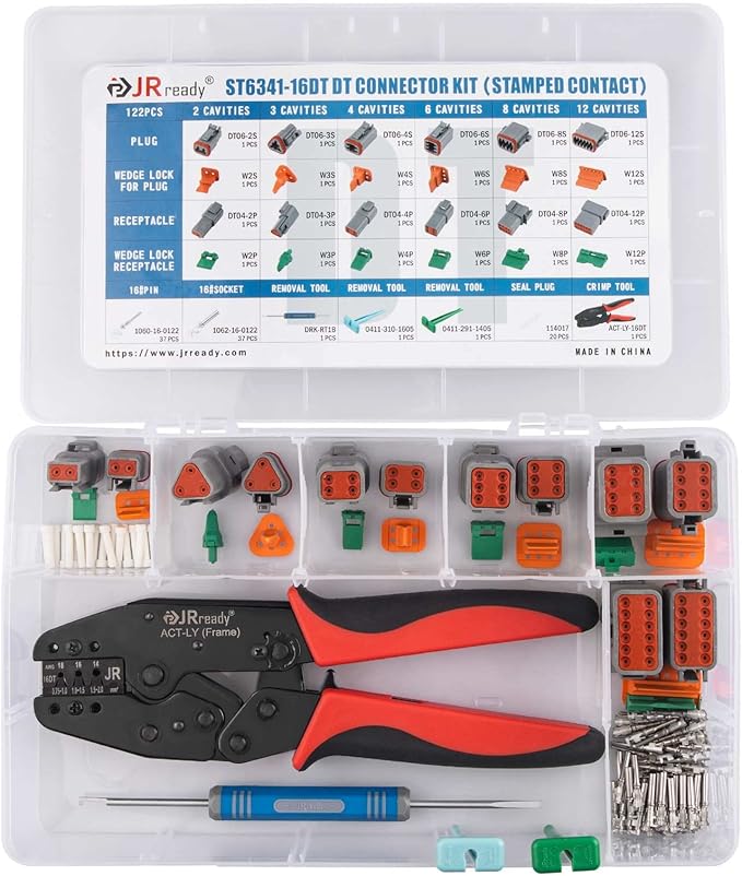 JRready Deutsch Crimp Tool ACT-LY-16DT with 2 3 4 6 8 12Pin DT Connector 1Kit 35Pairs Stamped Contacts, 3 PCS deutsch pin removal tools ST6341-16DT