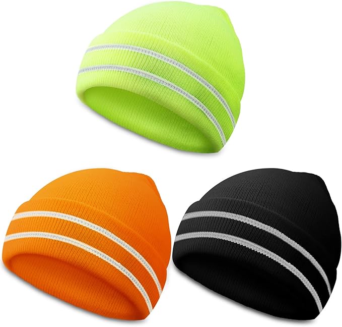 JenPen 3 Pcs Safety Beanie Reflective Hat Winter High Visibility Unisex Knit Beanie Hat Running Cap Headwear for Men Women