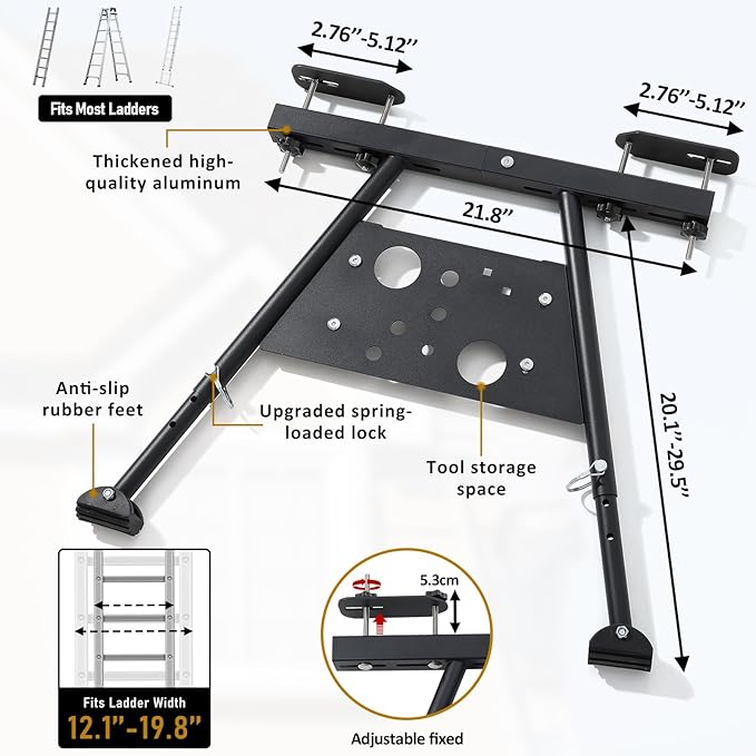 Ladder Stabilizer,Extension Ladder Stabilizer Adjustable Legs 20.1-29.5"，Wall Ladder Standoff Aviation Grade Aluminium,Ladder stabilizer for Roof Gutter ，Built-in Tool Tray, Anti-Slip Rubber Feet.