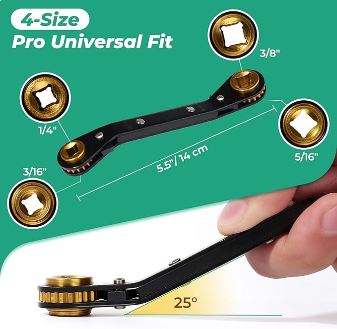 HVAC Service Wrench Set, Curved Ratchet Wrenches (1/4", 3/8", 3/16", 5/16") with 2 Hex Key Converters, for Mini Split AC and Refrigeration Repair, Black