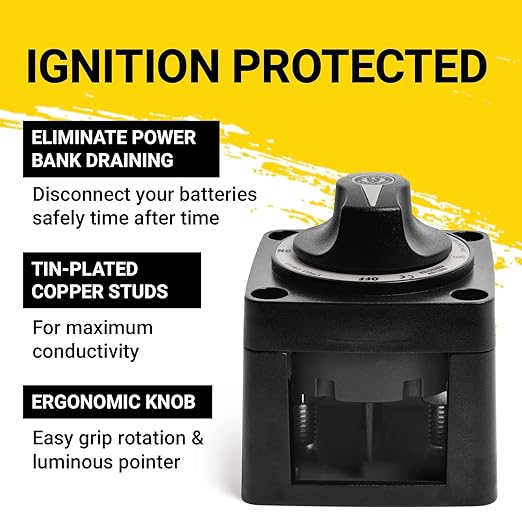 Spartan Power Battery ON/Off Disconnect Switch 300A - Ignition Protected, Heavy Duty Cutoff Switch for RV, Marine, and Automotive Battery - 12V to 48V - Black