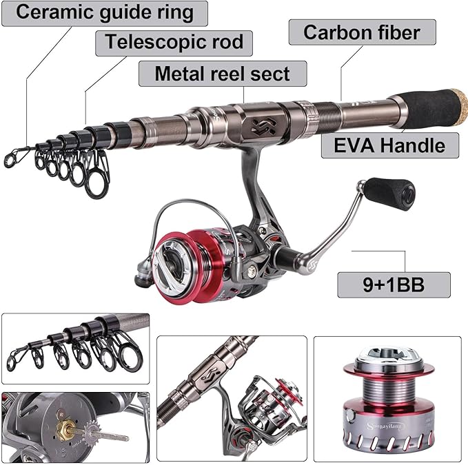 Sougayilang Fishing Rod and Reel Set Carbon Fiber Telescopic Fishing Rod 12+1BB Spinning Reel with Carry Case for Saltwater Freshwater