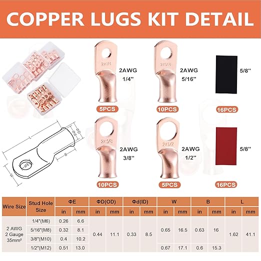 2 AWG Pure Copper Ring Terminal Kit (62 Pcs) - 30 Battery Lugs (1/4", 5/16", 3/8", 1/2") with 32 Heat Shrink Tubes for 2 Gauge Wire in Automotive, Solar, Inverter, Marine, RV Applications