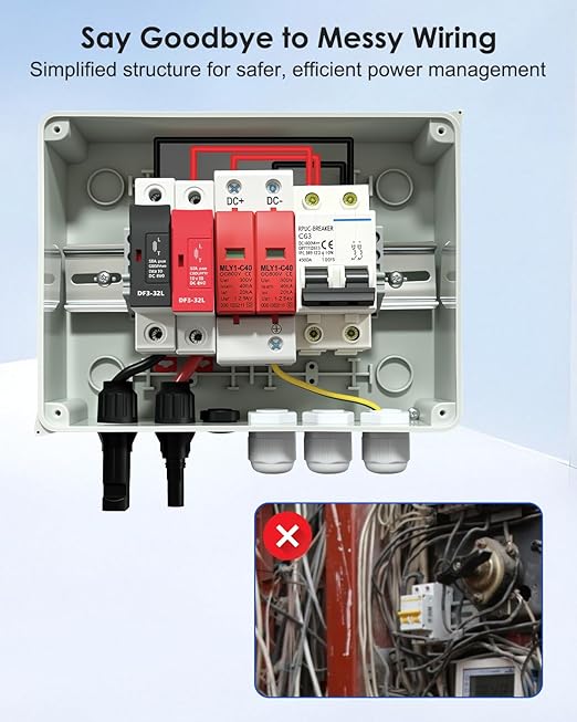 600V Solar DC PV Combiner Box, 1 String IP65 Waterproof 63A Circuit Breaker Box, 2Pcs 32A Fuse & Lightning Arrester Connector for On/Off Grid Solar Panel System, 1 Input 1 Out