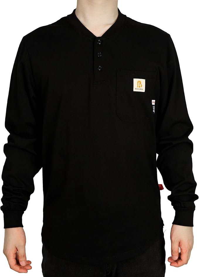 BOCOMAL FR Shirts 6oz Lightweight Flame Resistant Long Sleeve Henley Shirt Fire Retardant Workwear NFPA2112 CAT2