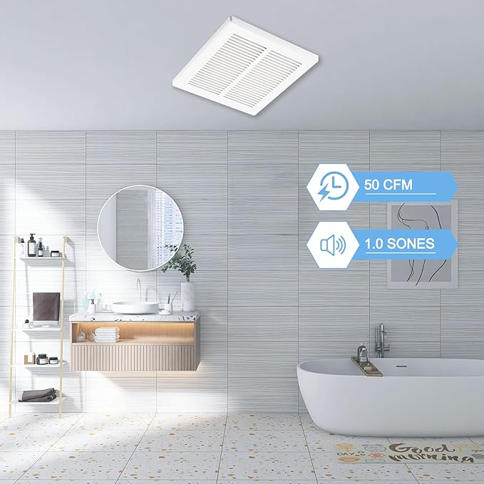 Bathroom Exhaust Fan, 50 CFM,1.0 Sone DC Motor,Quiet Bathroom Fan with No Attic access Needed Installation, Ceiling Mounted,Energy Star Certified Ventilation Fan, 3inch Duct,White