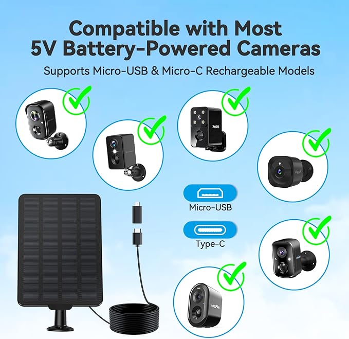 3W Solar Panel for Battery-Powered Security Cameras,USB-C & Micro USB Solar Charger for Wireless Outdoor Cameras,IP65 Waterproof, 9.8ft Cable, 360° Adjustable Mount (Black, 1 Pack)