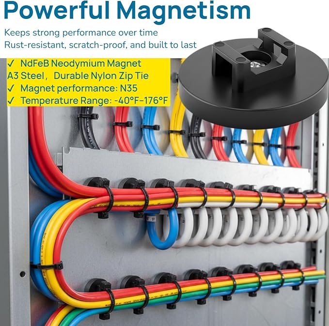 225 Pieces Magnetic Zip Tie Mount Set, 25 Magnetic Cable Tie with 200 Cable Ties, Strong Wire Management Cables Holder, Multipurpose Electrical Cord Holders Organizer (43mm)