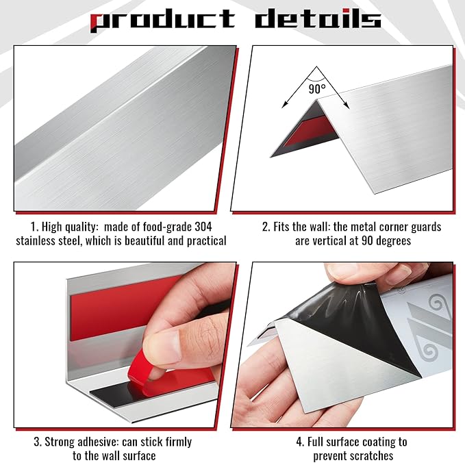 Therwen 20 Pcs 2 x 2 x 48 Inch 304 Stainless Steel Corner Guards Metal Wall Guard Protector Corner Trim Molding for Door Countertop Furniture Cabinet Protection