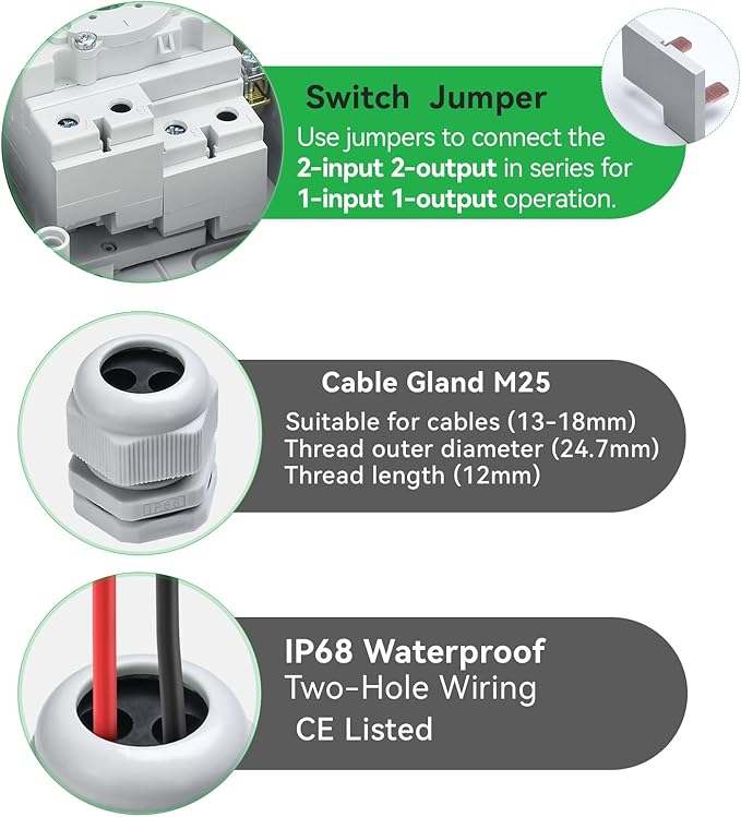 32Amp Solar Disconnect Switch DC1500V Isolator Switch; 1-in 1-Out; Waterproof IP66; Enclosure for Rooftop Solar Systems Input and Output at Bottom 4-Pole