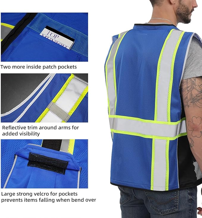 Dib Safety Reflective Vest Blue Mesh, High Visibility Vest with Pockets and Zipper, Heavy Duty, Made with 3M Reflective Tape, L
