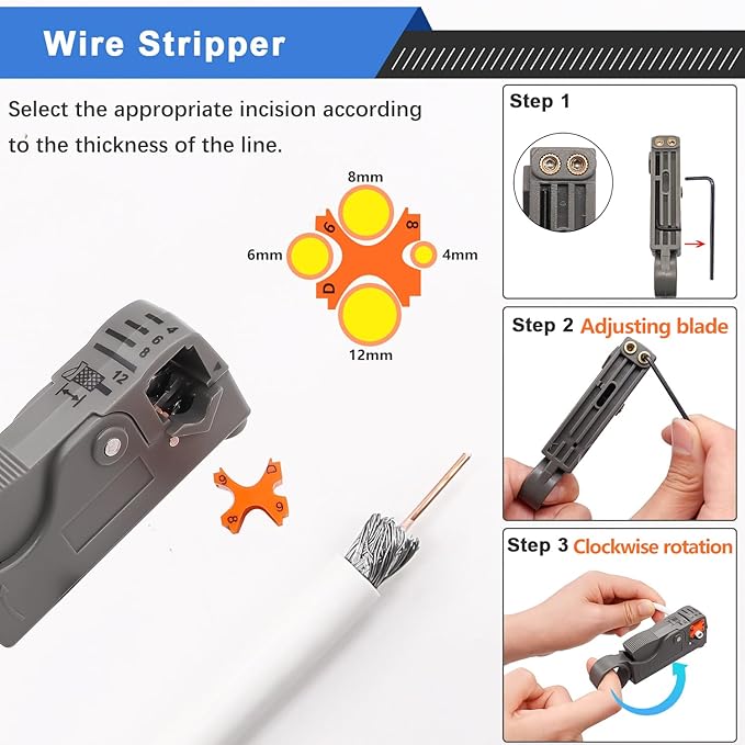 mxuteuk RG59 RG6 Coax Cable Crimper Tool Kit Coaxial Compression Tool Fitting Wire Stripper With 25pcs F Type RG6 Compression Connectors