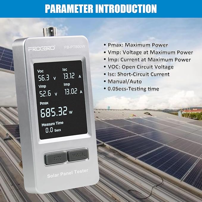 FrogBro 800W Solar Panel Tester – PV Multimeter with Smart MPPT & HD OLED Display for Solar Panel Diagnostics and Data Analysis