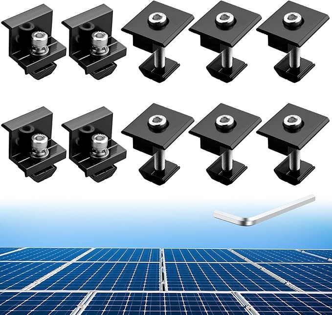 Anbte 10 PCS Solar Panels Brackets 30mm, Aluminium 6 x T-Shaped Mid Clamps + 4 x End Clamps, Solar Panel Mounting Brackets for Metal, Tin, Flat, Sheet Roofs, RV, Black