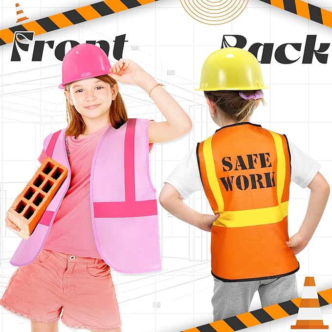 SATINIOR 24 Pcs Construction Birthday Party Supplies Kid Construction Hat and Vest Worker Costume Kids Role Play Dressing up