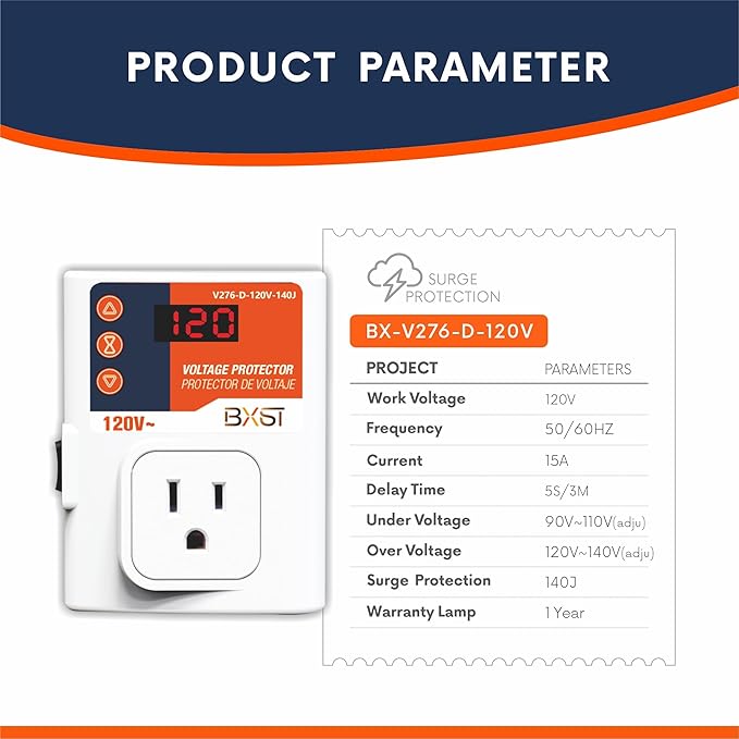 BXST Refrigerator Surge Protector LED Screen 140J Single Outlet Adjustable Low/High Voltage Protection Overload Power Surge Voltage Spike Guard for Home and Office Appliance 120V 15A 1800Watts