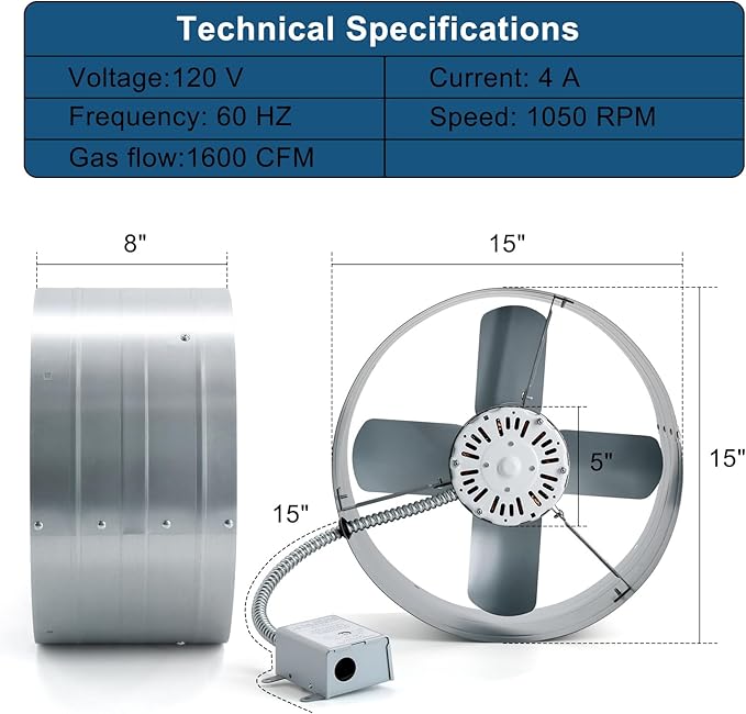 Criditpid 15" Gable Mount Vent Attic Fan, Exhaust Ventilation Fan with Adjustable Thermostat for Gable, Home, Shed, Garage, Portable Building, 4A, 1600CFM, 1050RPM, 2400 Sq.Ft Coverage Area.